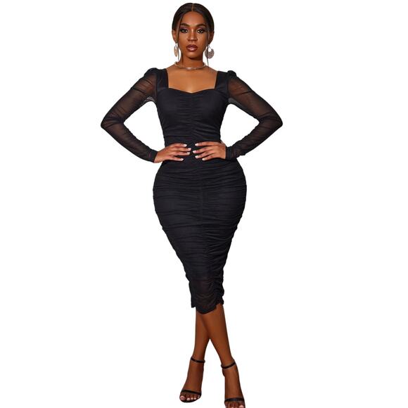 SHEIN Dresses & Skirts - Black Mesh Ruched Bodycon Midi Dress